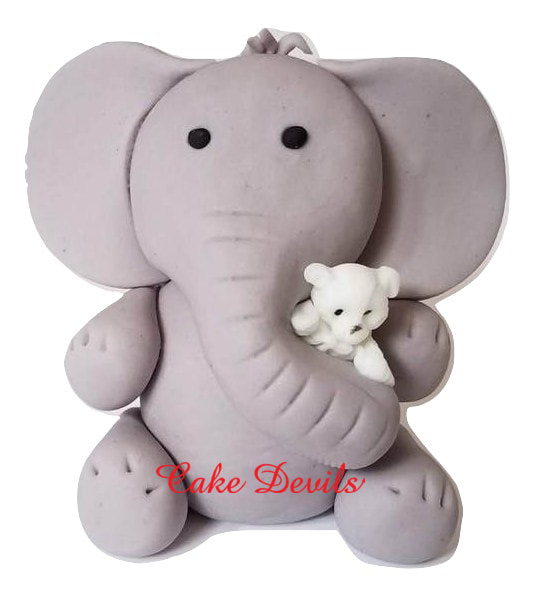 Fondant Elephant hugging Teddy Bear Cake Topper, Elephant Baby Shower Decorations, Handmade Edible Elephant teddy bear trunk