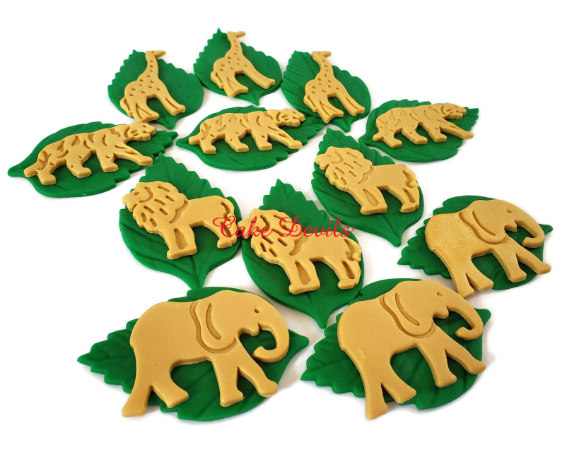 Fondant Gold Jungle Safari Animals on Leaves Cupcake Toppers, Lion 