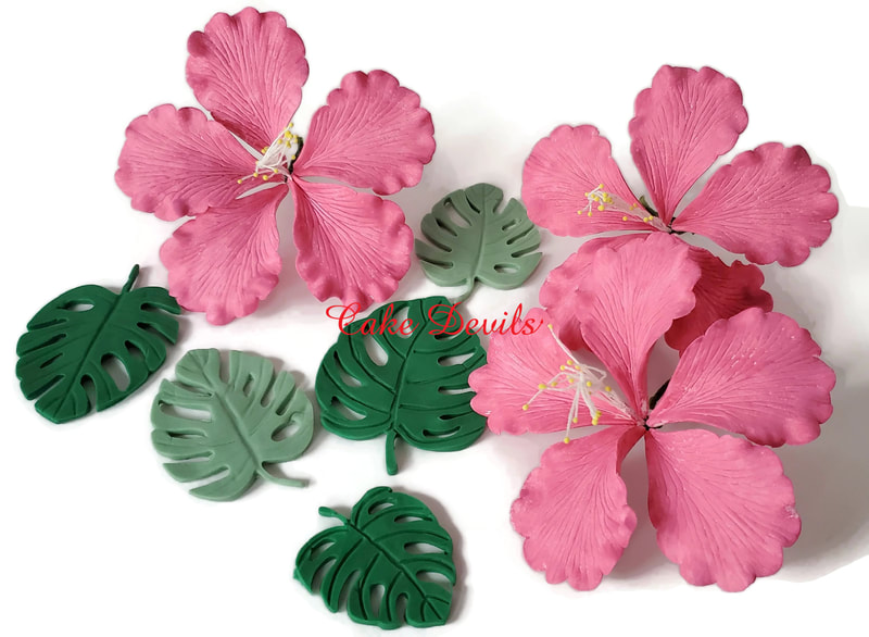 Hibiscus Flower and Palm Leaves Fondant Cake Toppers