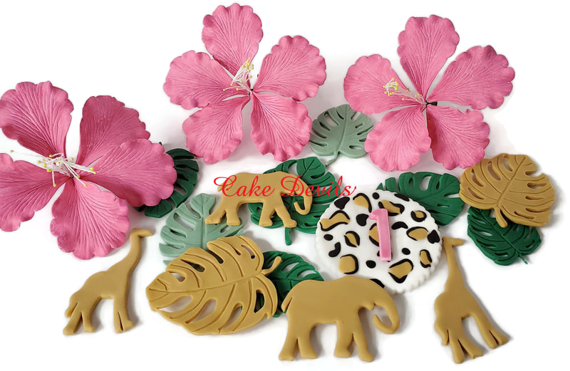 Tropical Flowers, Palm Leaves, Jungle Animals, and Leopard Print Cake Decorations