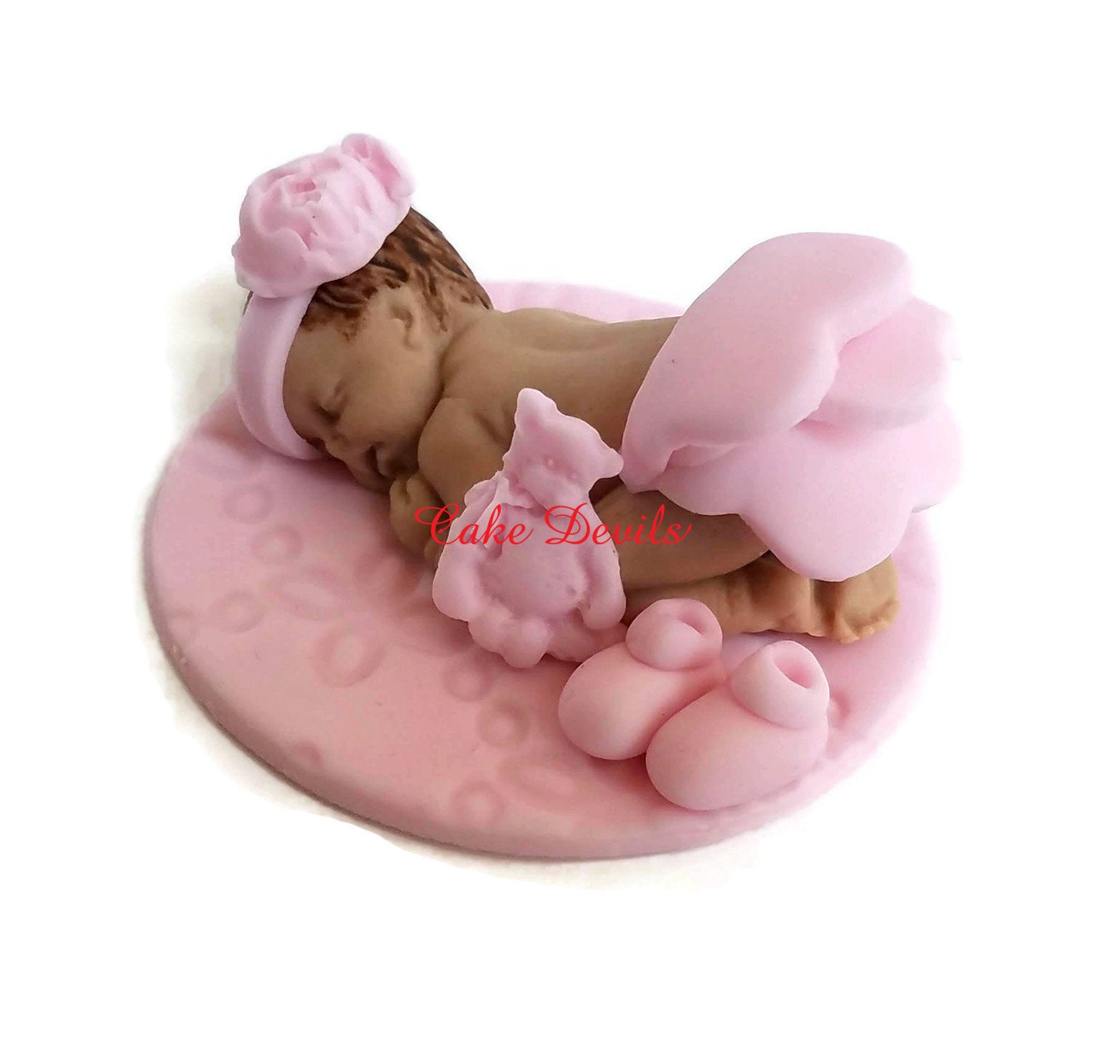 Christening Baby girl fondant sleeping baby Handmade Edible baby shower cake topper Baptism Pink Ruffle baby baby Flower headband