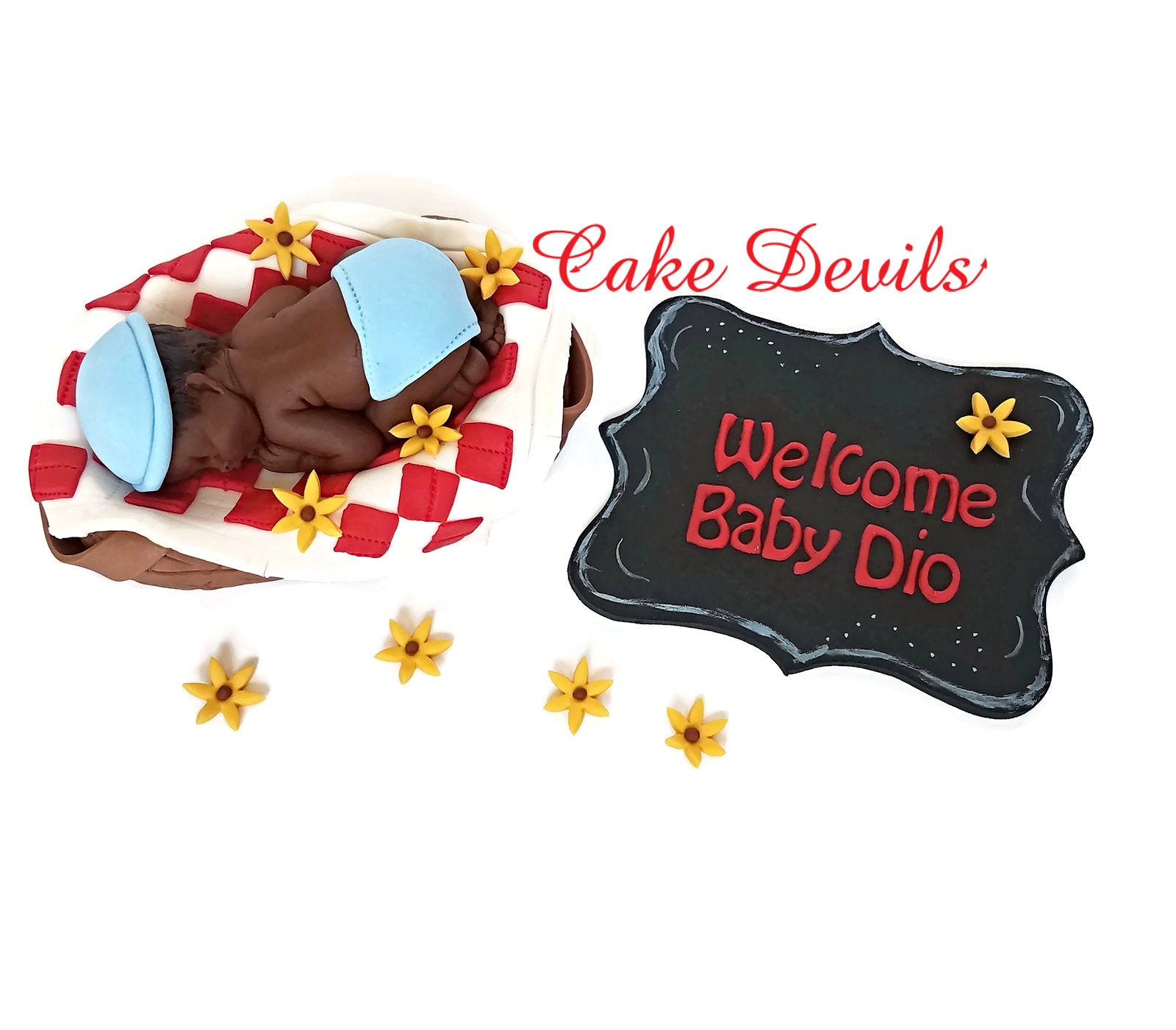 all Handmade with a Fondant Sleeping Baby in a Basket Picnic Baby Shower Cake Topper 