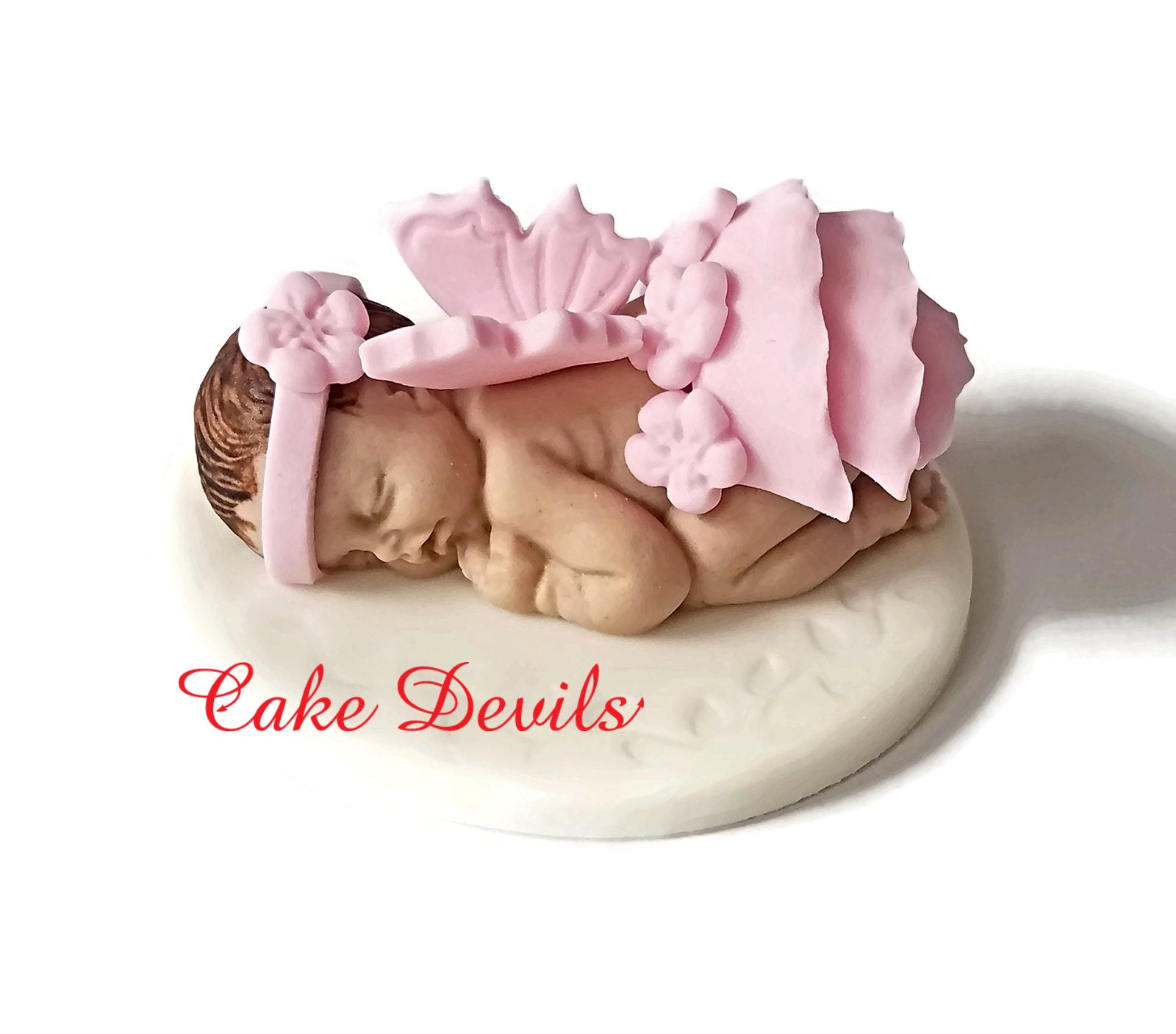 Christening Baby girl fondant sleeping baby Handmade Edible baby shower cake topper Baptism Pink Ruffle baby baby Flower headband
