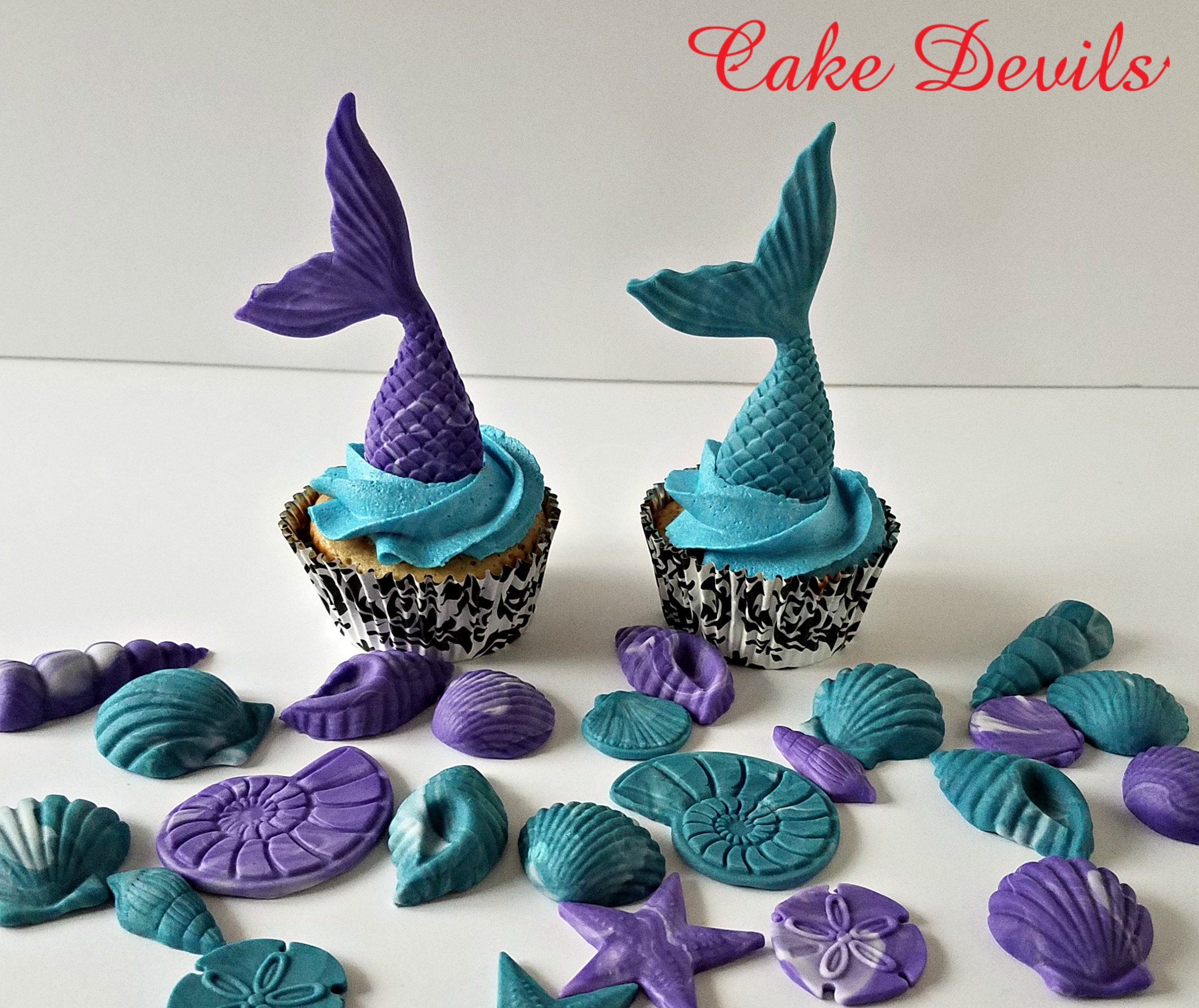 Mermaid Tails and Sea Shells Fondant Cupcake Toppers, Under the Sea Cupcake  Decorations, Mermaid Cake Decorations, Fondant Mermaid Tails