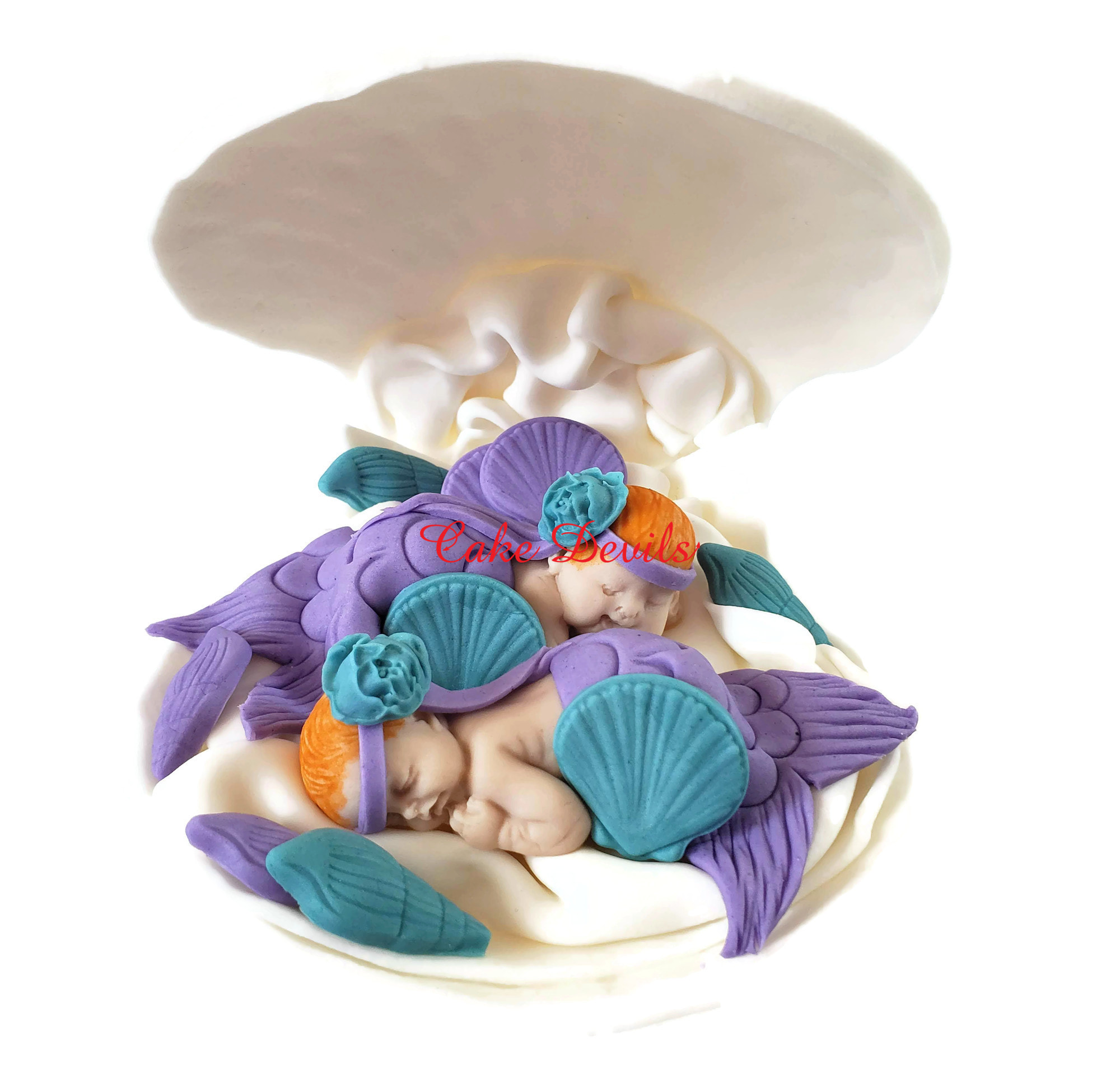 Twins Mermaid Baby Shower, Twin Fondant Mermaids in a Clam shell