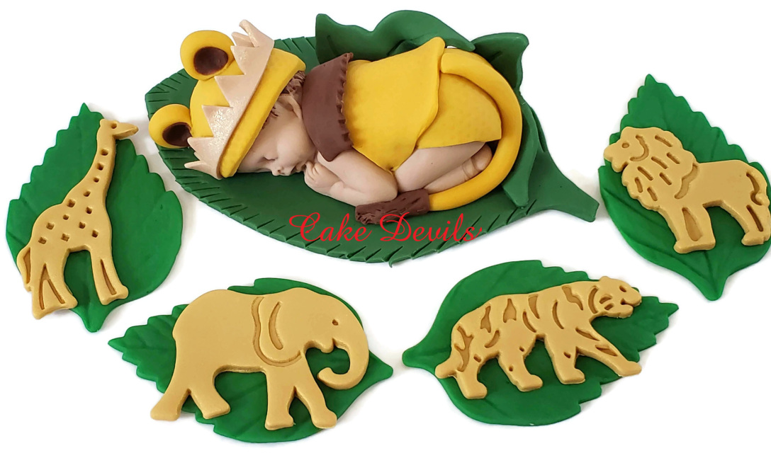 Fondant Gold Jungle Safari Animals on Leaves Cupcake Toppers, Lion